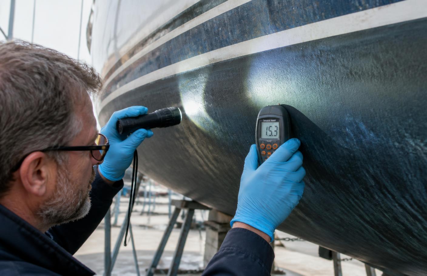Marine surveyor taking moisture readings on a yacht hull in a boatyard